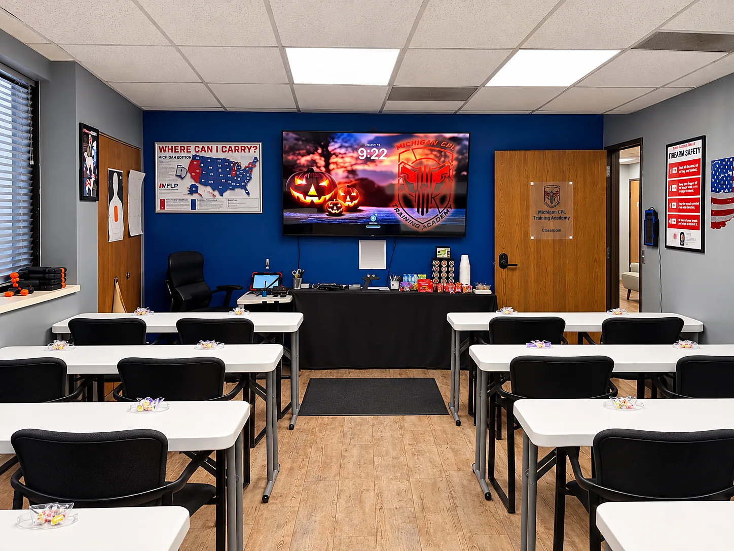 The Michigan CPL Training Academy classroom in Livonia, Michigan, decorated for Halloween